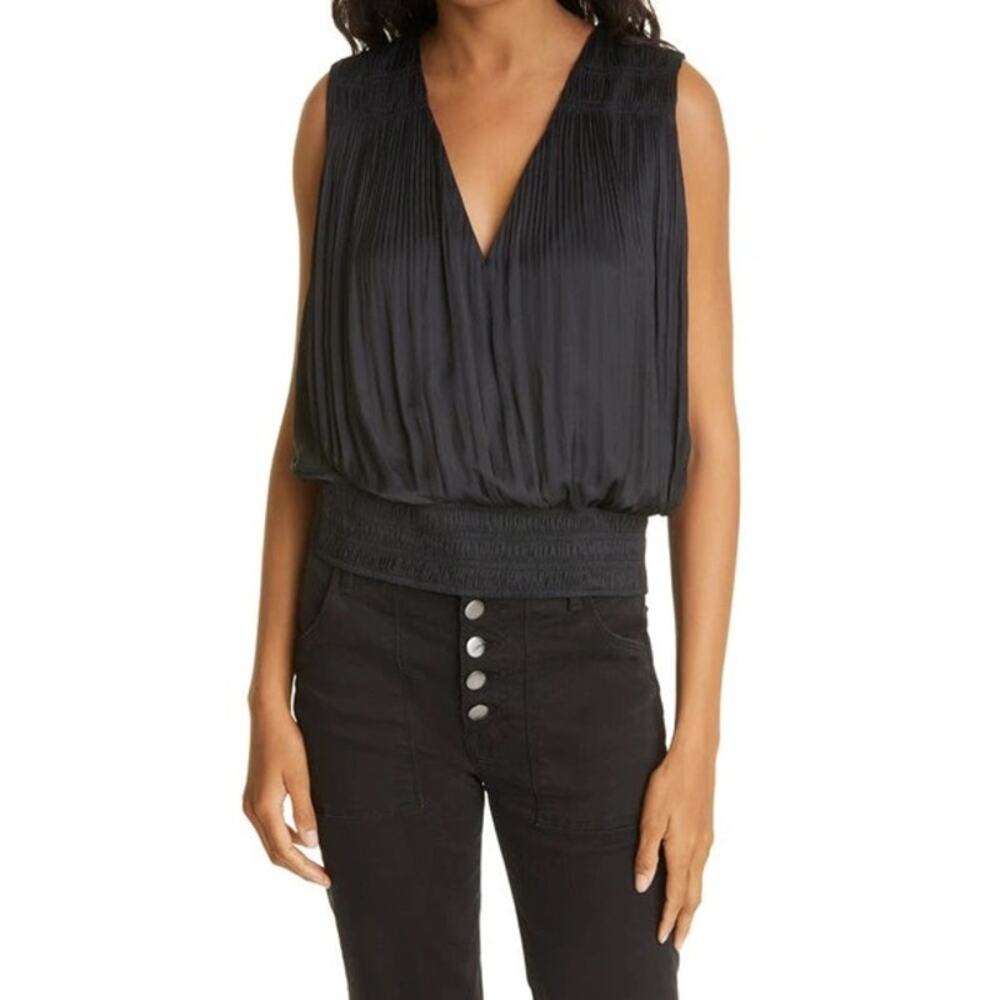 Frame Noir Black‎ Pleated V-Neck Sleeveless Smocked Hem Top Size Small